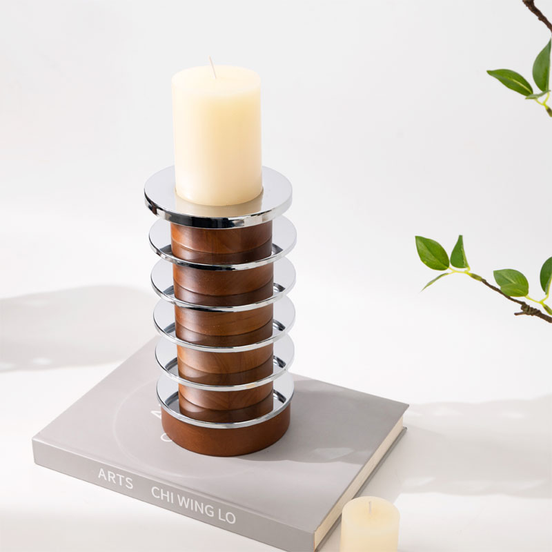 Modern Wood and Metal Stacked Circular Candlestick Size:13*13*37cm 2