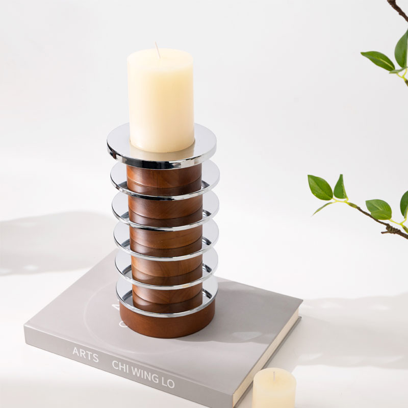 Modern Wood and Metal Stacked Circular Candlestick Size:13*13*37cm 4