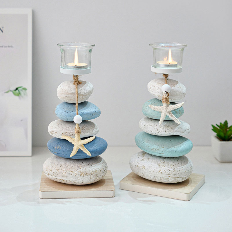 Mediterranean Style Stacked Pebble Candle Holder with Starfish Style:Style1 1