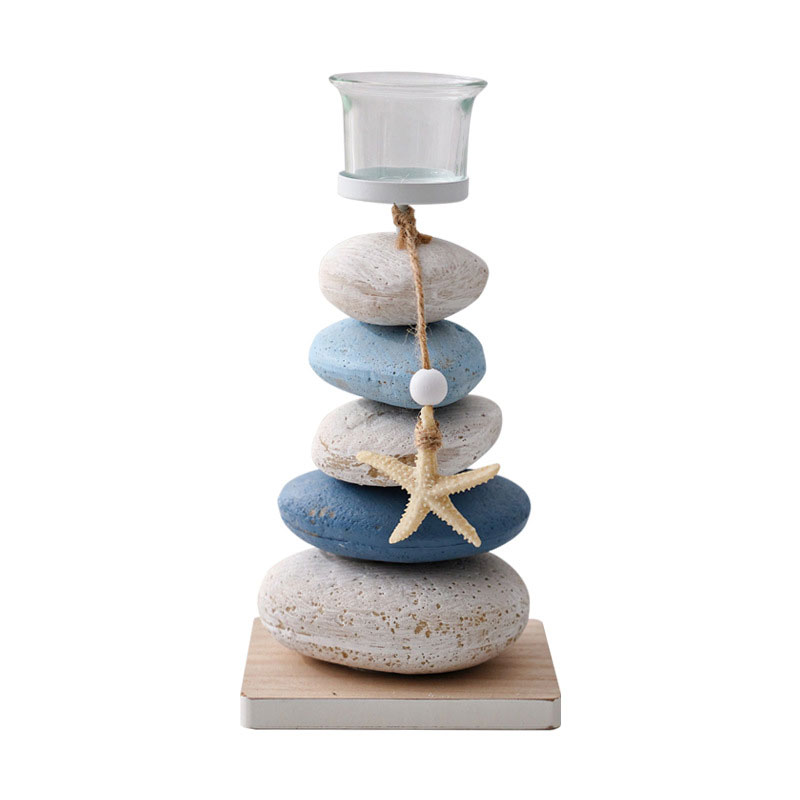 Mediterranean Style Stacked Pebble Candle Holder with Starfish, Coastal style Home Decor Accent