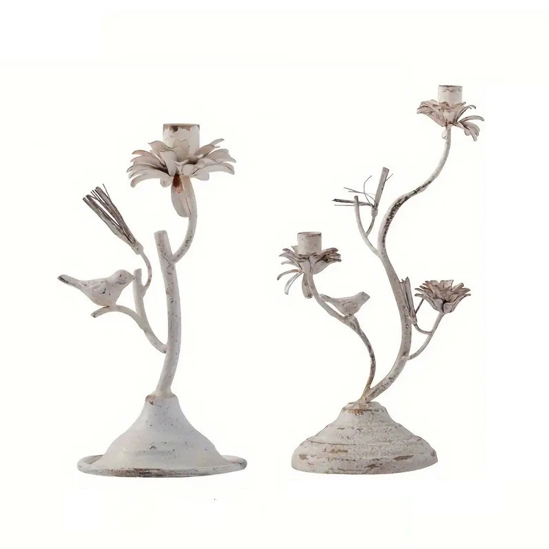 Shabby Chic Vintage Iron Floral & Bird Taper Candle Holder, Rustic Nature-Inspired Candelabra for French Country Wedding & Farmhouse Table Decor