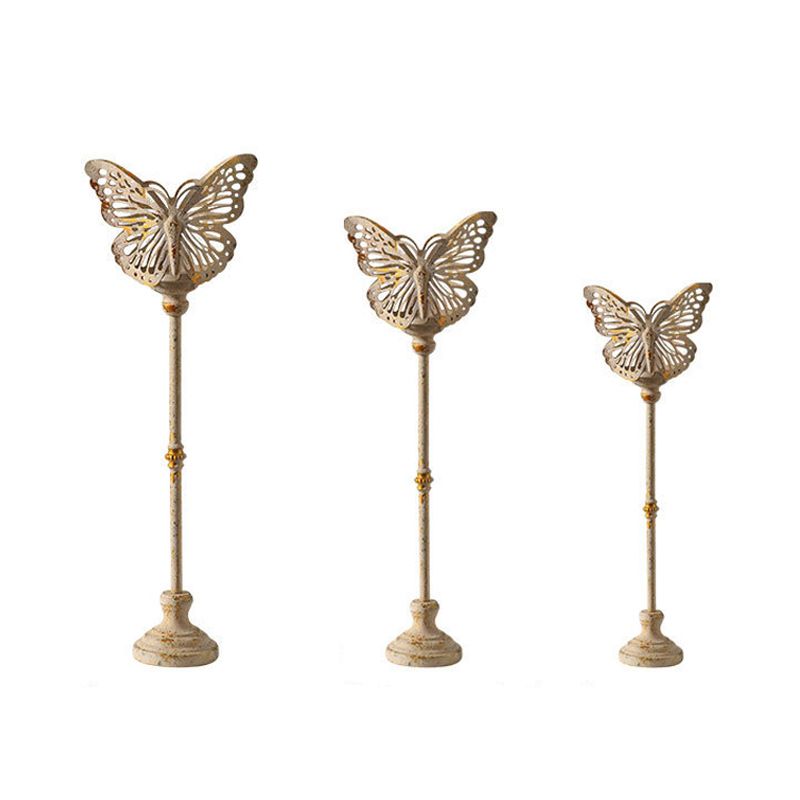 Vintage Distressed Metal Butterfly-topped Pillar Candle Holder Set, Illuminate Your Space with Timeless Elegance and Enchanting Butterfly Shadows  - Elegant Tall Candelabra for Wedding & Home Decor