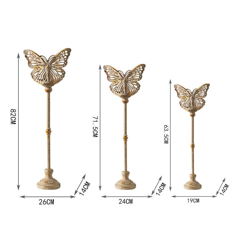 Vintage Distressed Metal Butterfly-topped Pillar Candle Holder Set 19*14*63.5cm  , Illuminate Your Space with Timeless Elegance and Enchanting Butterfly Shadows  - Elegant Tall Candelabra for Wedding & Home Decor