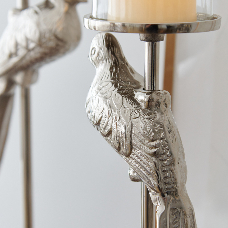 Vintage Silver Bird Aluminum Candle Holder with Glass Hurricane Cup Size:14*14*52cm 3