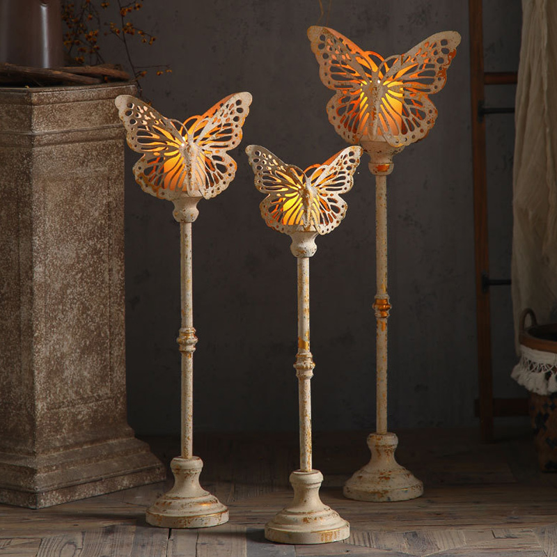 Vintage Distressed Metal Butterfly-topped Pillar Candle Holder Set Size:26*14*82cm 2