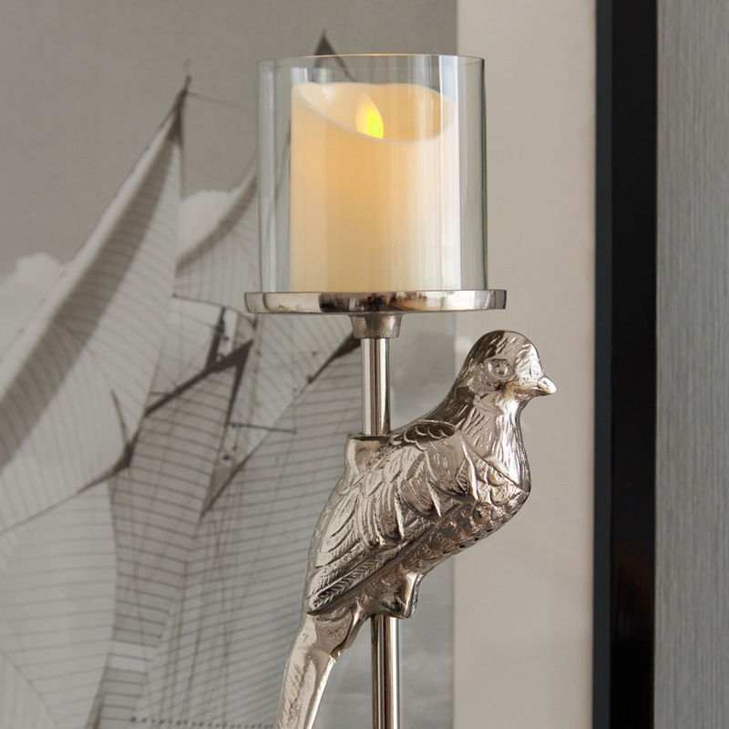 Vintage Silver Bird Aluminum Candle Holder with Glass Hurricane Cup Size:14*14*52cm 2