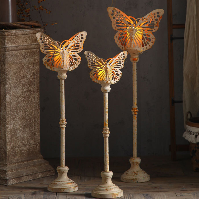 Vintage Distressed Metal Butterfly-topped Pillar Candle Holder Set Size:26*14*82cm 1