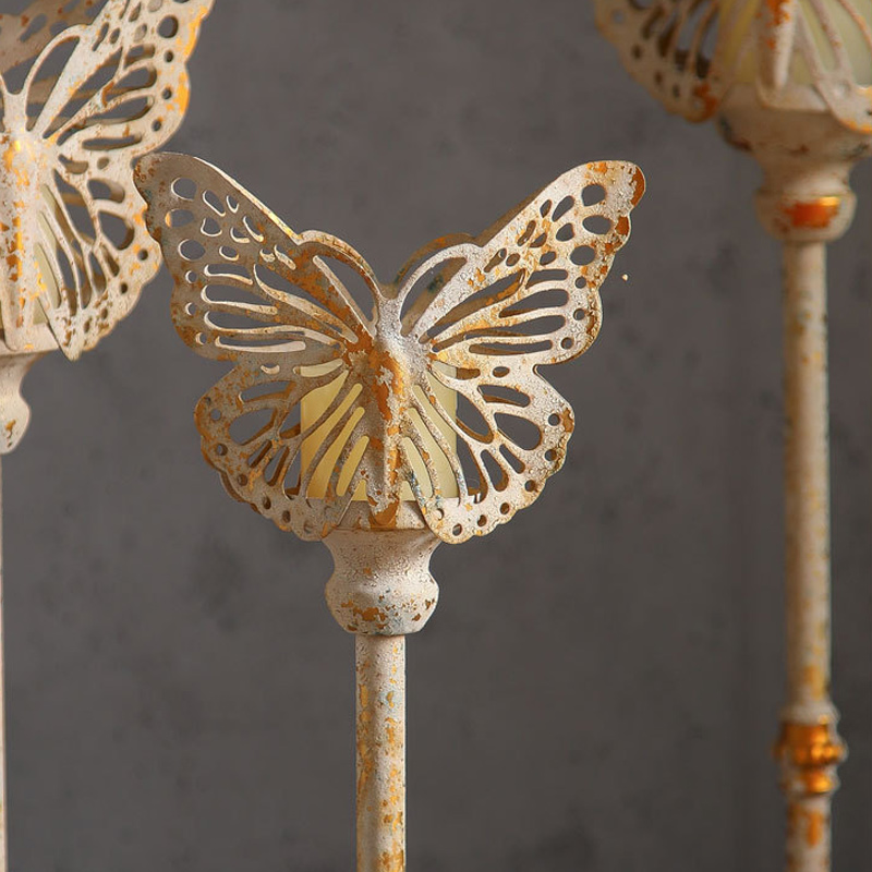 Vintage Distressed Metal Butterfly-topped Pillar Candle Holder Set Size:26*14*82cm 4